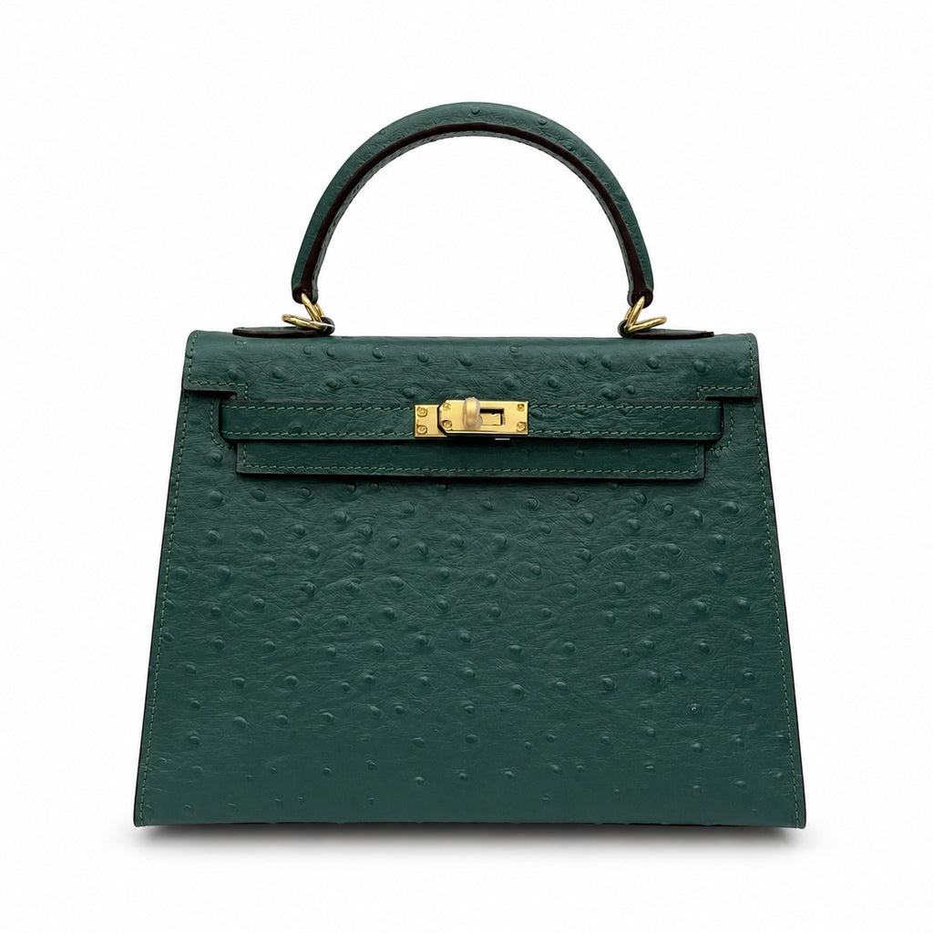 Kelly Sellier 25cm Vert Cypress Ostrich Gold Hardware Vintage — Timeless Top-Handle Design