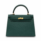 Kelly Sellier 25cm Vert Cypress Ostrich Gold Hardware Vintage — Timeless Top-Handle Design