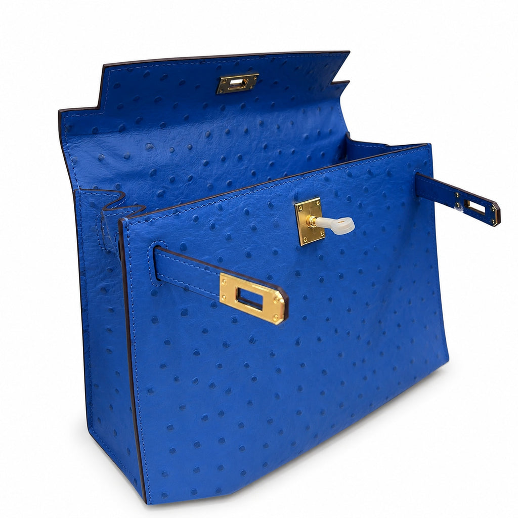 Kelly Sellier 25cm Bleu Electrique Ostrich Gold Hardware Premium Crossbody Purse — Structured Top-Handle Handbag