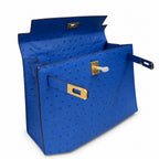 Kelly Sellier 25cm Bleu Electrique Ostrich Gold Hardware Premium Crossbody Purse — Structured Top-Handle Handbag