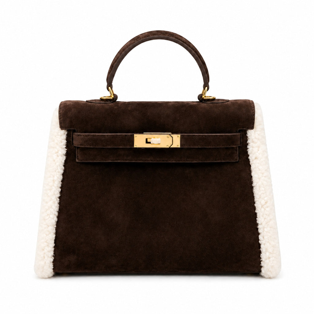 Kelly Sellier 28cm Ebene Suede Leather Gold Hardware Commute Shoulder — Polished Structured Handbag