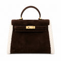 Kelly Sellier 28cm Ebene Suede Leather Gold Hardware Commute Shoulder — Polished Structured Handbag