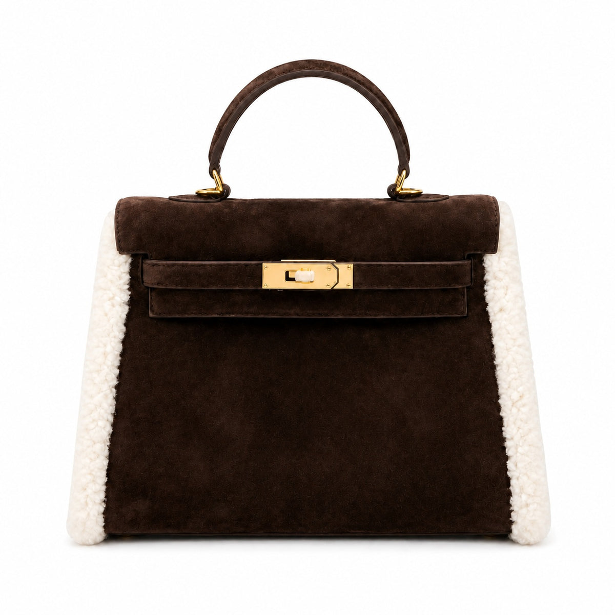 Kelly Sellier 28cm Ebene Suede Leather Gold Hardware Commute Shoulder — Polished Structured Handbag