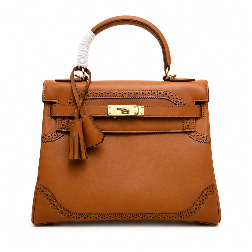 Kelly Sellier Ghillies 28cm Natural Sable Barenia Leather Gold Hardware — Streamlined Top-Handle Handbag