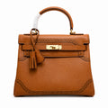 Kelly Sellier Ghillies 28cm Natural Sable Barenia Leather Gold Hardware — Streamlined Top-Handle Handbag