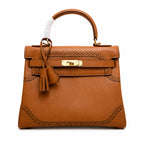 Kelly Sellier Ghillies 28cm Natural Sable Barenia Leather Gold Hardware — Streamlined Top-Handle Handbag
