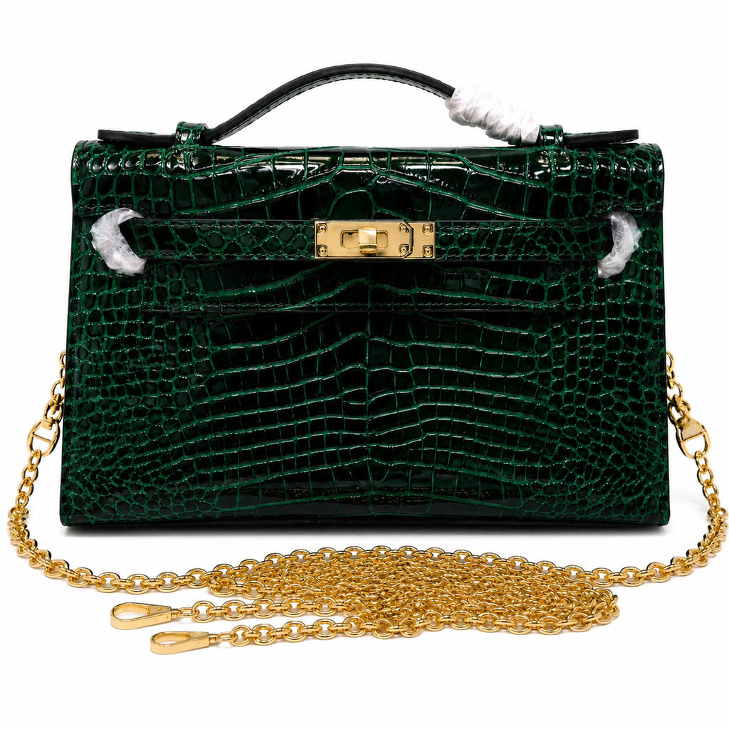 Kelly Pochette Vert Emeraude Shiny Niloticus Crocodile Leather Gold Hardware Women Clutch Bag — Polished Compact Shoulder Style