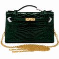 Kelly Pochette Vert Emeraude Shiny Niloticus Crocodile Leather Gold Hardware Women Clutch Bag — Polished Compact Shoulder Style