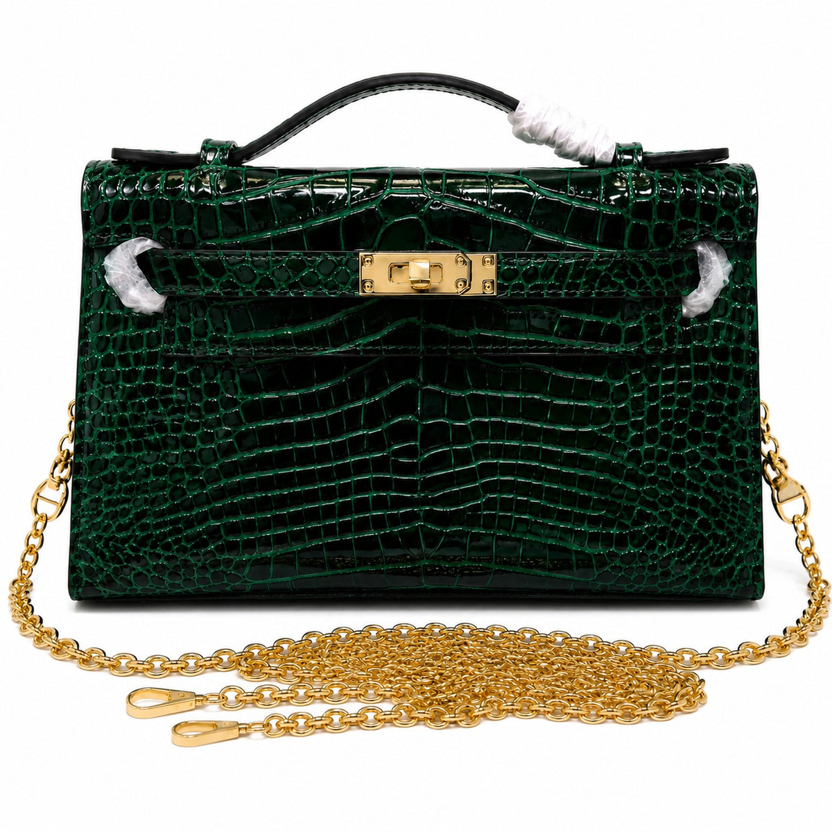 Kelly Pochette Vert Emeraude Shiny Niloticus Crocodile Leather Gold Hardware Women Clutch Bag — Polished Compact Shoulder Style