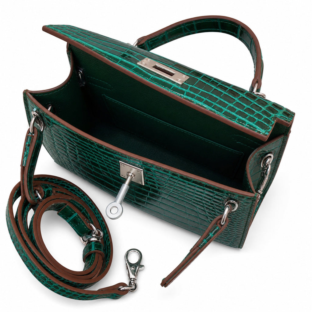 Kelly Sellier 19cm Vert Emeraude Shiny Crocodile Leather Gold Hardware & Palladium Hardware — Distinctive Hand-Carry Bag
