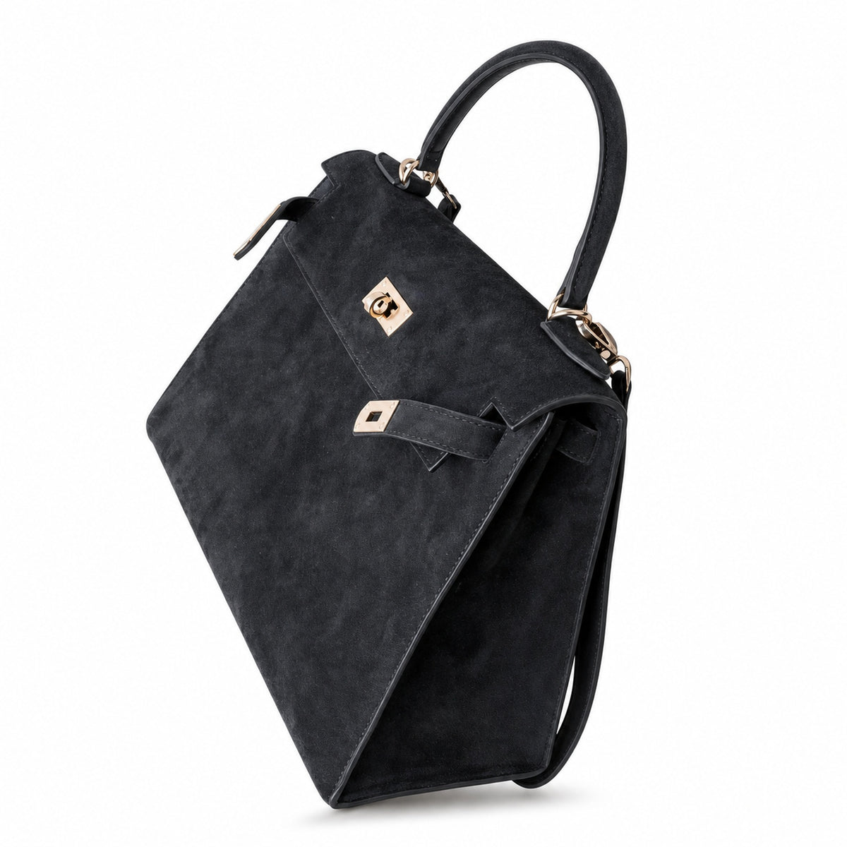 Kelly Sellier 22cm Noir Suede Leather Gold Hardware — Polished Structured Handbag