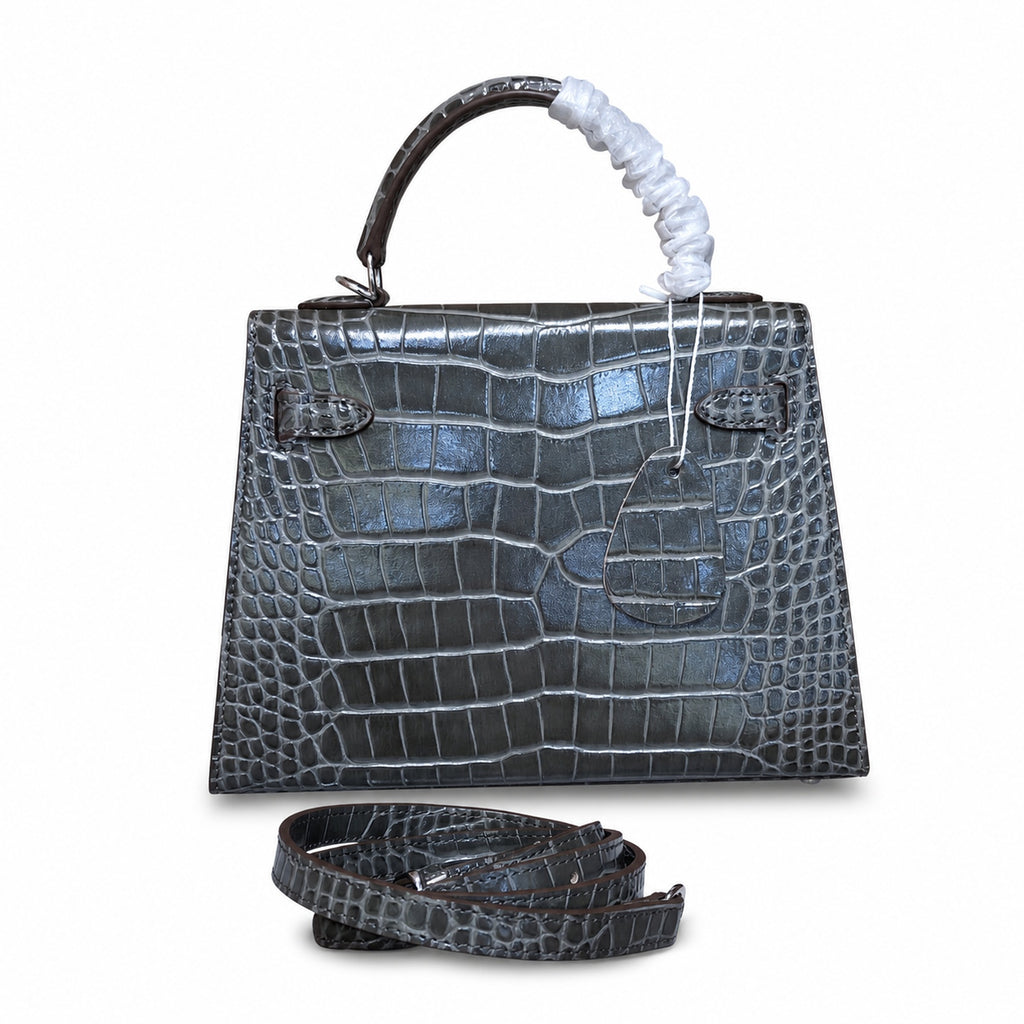 Kelly Sellier 22 Étoupe Shiny Alligator Silver Hardware — Streamlined Top-Handle Handbag