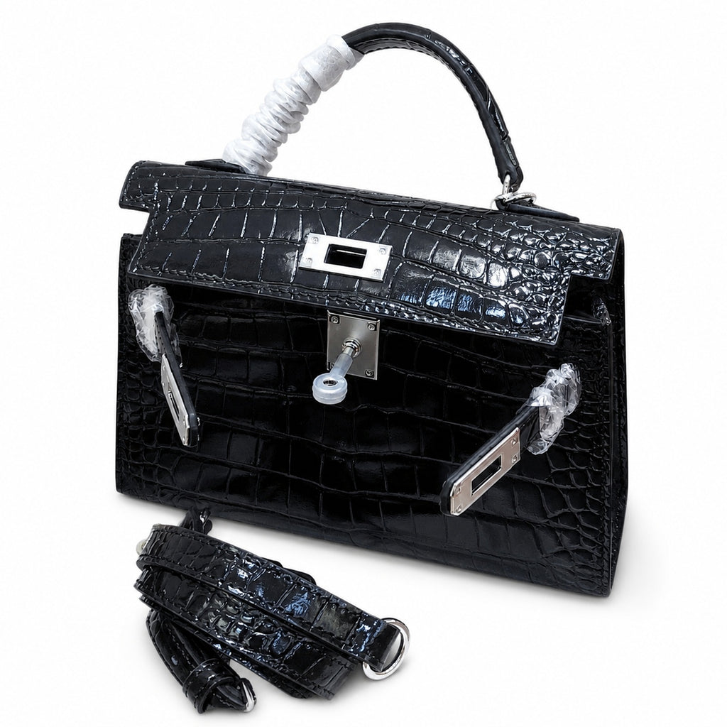 Kelly Sellier 19cm Noir Shiny Crocodile Leather Gold Hardware & Palladium Hardware — Sophisticated Carry Design