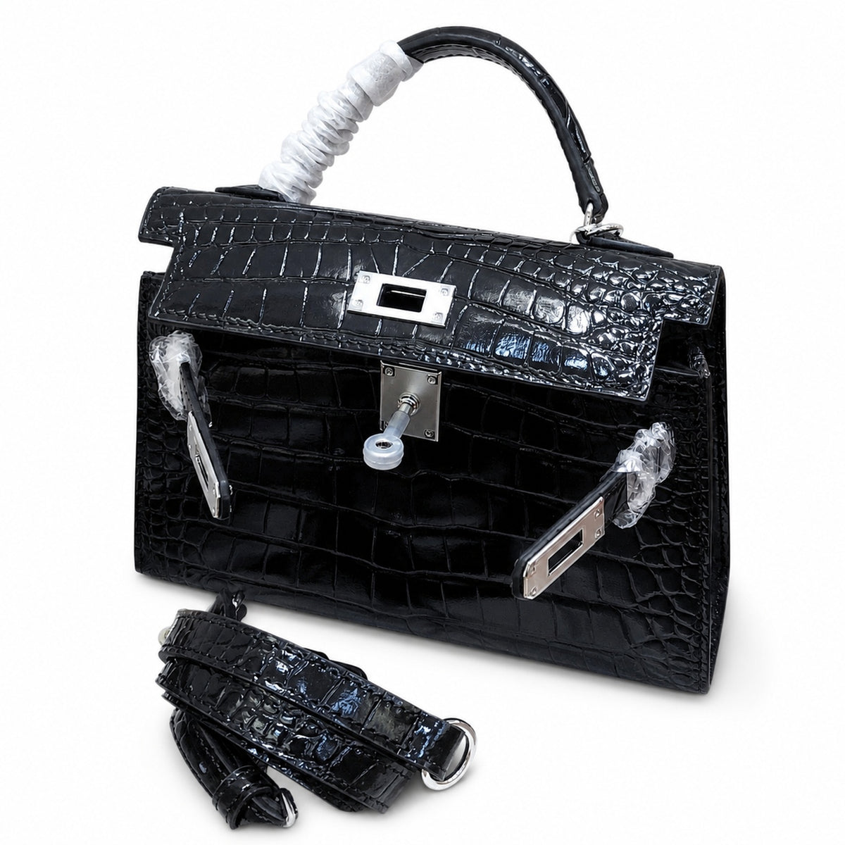Kelly Sellier 19cm Noir Shiny Crocodile Leather Gold Hardware & Palladium Hardware — Sophisticated Carry Design