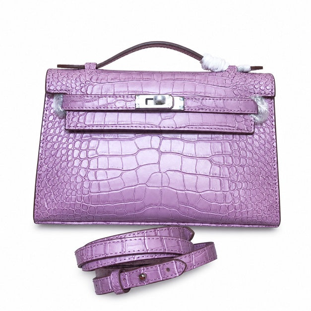 Kelly Pochette Lilac Shiny Niloticus Crocodile Leather Palladium Hardware Women Clutch Bag — Refined Small Hand-Carry Bag