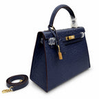 elly Sellier 25cm Bleu Nuit Ostrich Gold Hardware Luxury Commute — Timeless Top-Handle Design