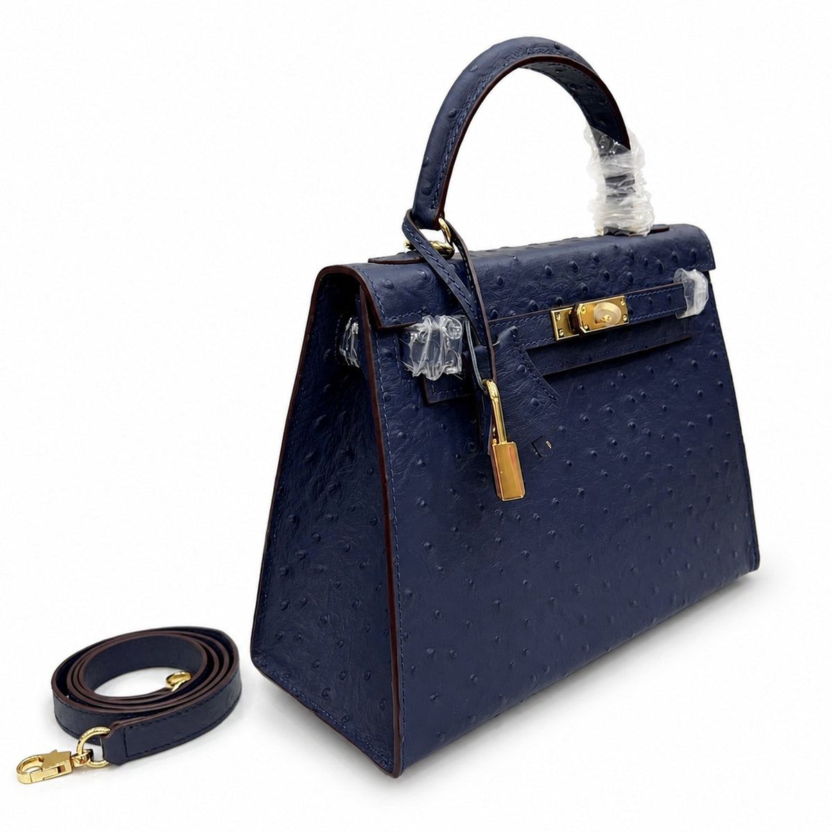 elly Sellier 25cm Bleu Nuit Ostrich Gold Hardware Luxury Commute — Timeless Top-Handle Design
