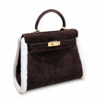 Kelly Sellier 28cm Ebene Suede Leather Gold Hardware Commute Shoulder — Polished Structured Handbag
