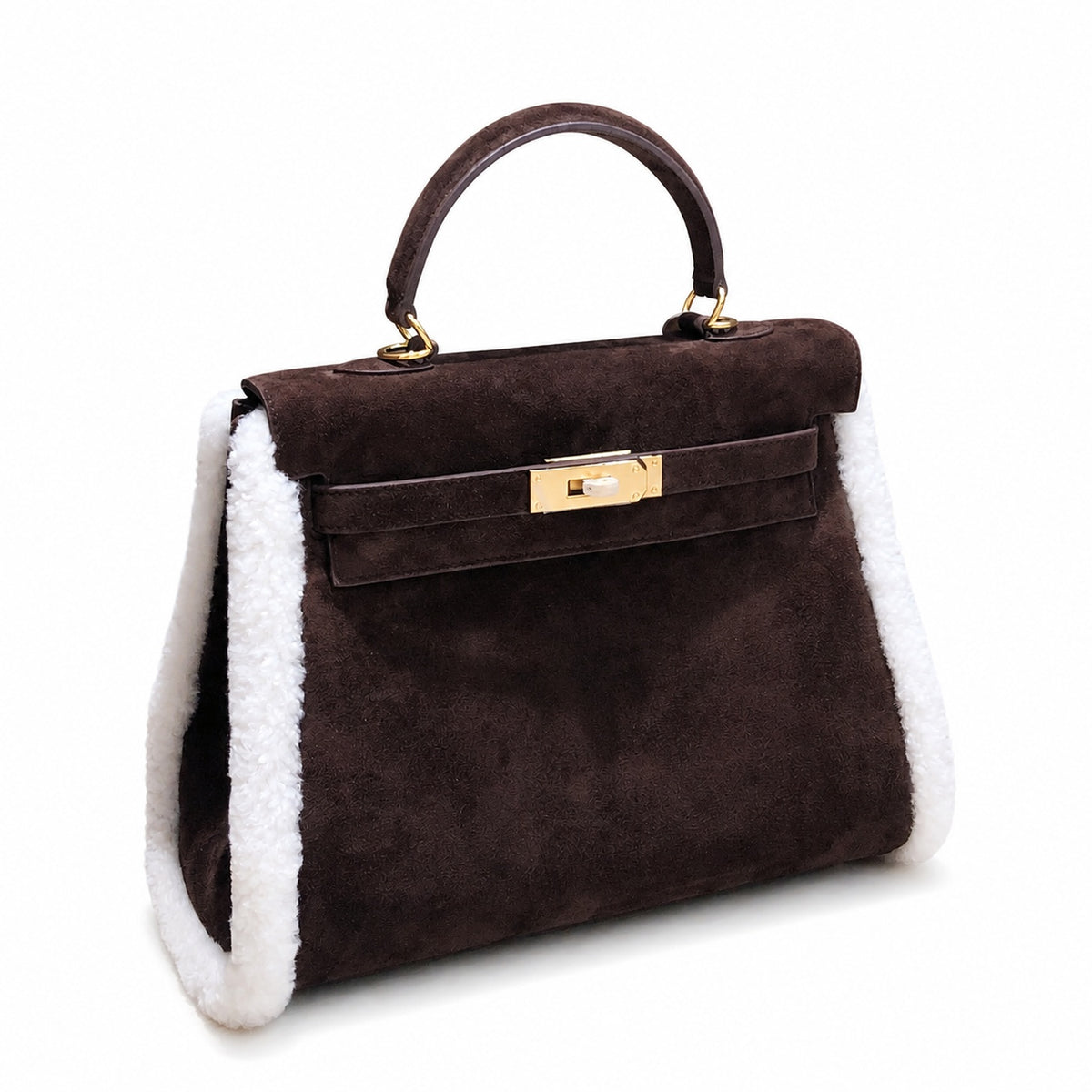 Kelly Sellier 28cm Ebene Suede Leather Gold Hardware Commute Shoulder — Polished Structured Handbag