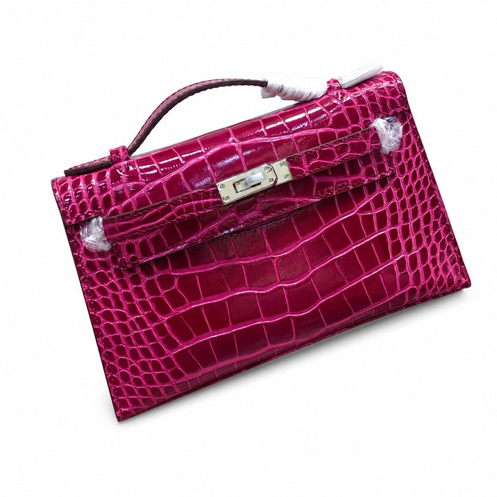 Kelly Pochette Fuchsia Shiny Niloticus Crocodile Leather Palladium Hardware Women Clutch Bag — Refined Small Hand-Carry Bag