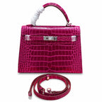 Kelly Sellier 22cm Fuchsia Shiny Crocodile Leather Gold Hardware & Palladium Hardware — Streamlined Top-Handle Handbag