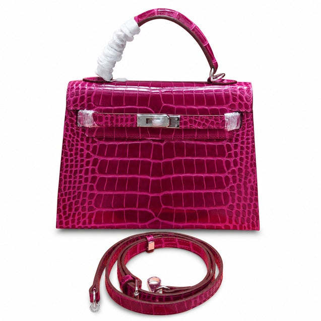 Kelly Sellier 22cm Fuchsia Shiny Crocodile Leather Gold Hardware & Palladium Hardware — Streamlined Top-Handle Handbag