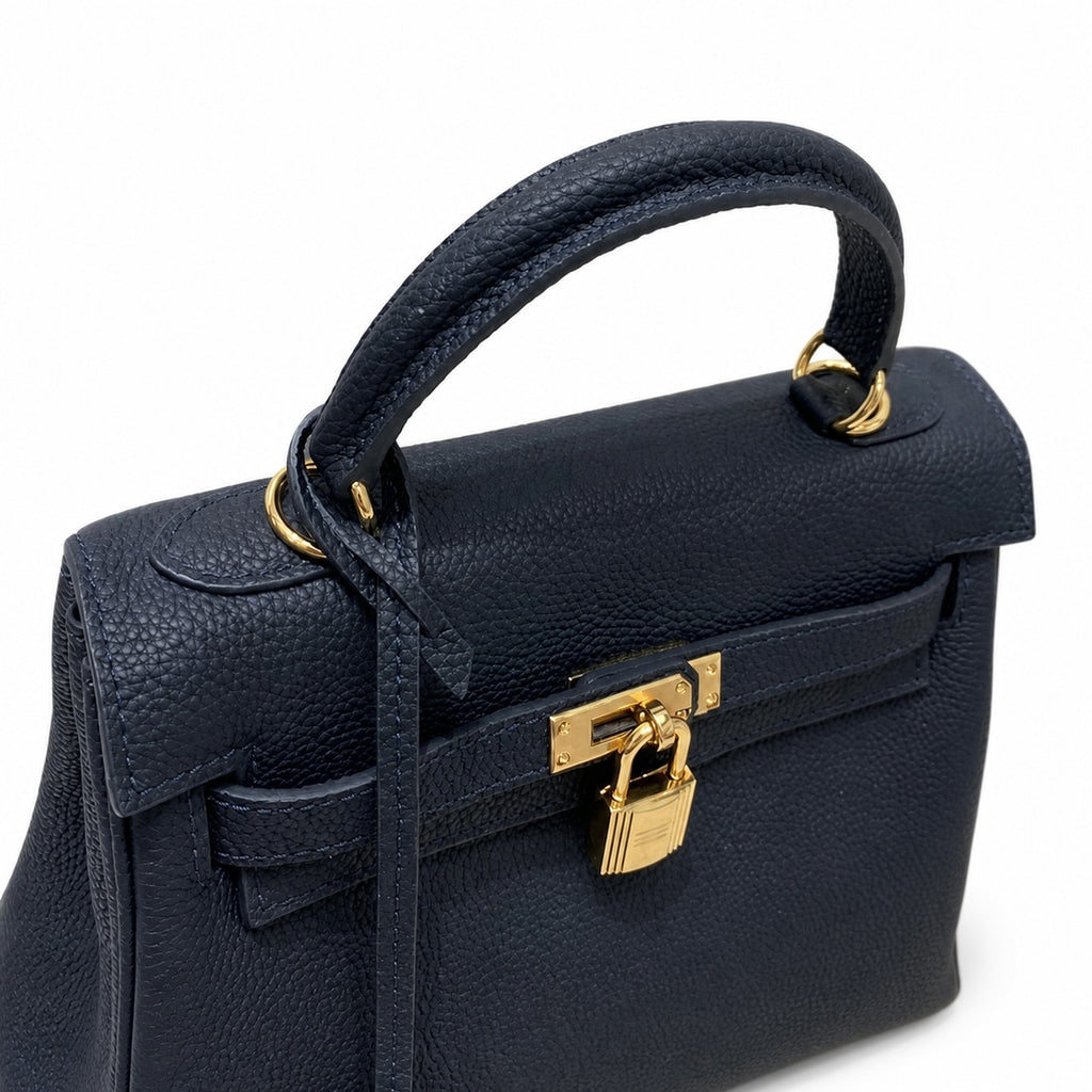 Kelly Sellier 20cm & 25cm & 28cm Bleu Nuit Togo Leather Gold Hardware — Timeless Top-Handle Design