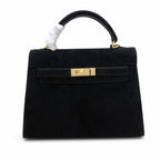 Kelly Sellier 22cm Noir Suede Leather Gold Hardware — Polished Structured Handbag