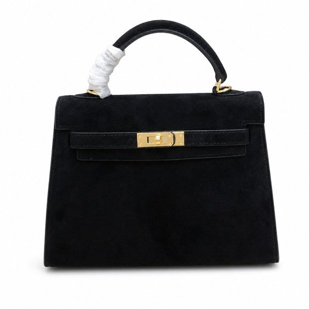 Kelly Sellier 22cm Noir Suede Leather Gold Hardware — Polished Structured Handbag