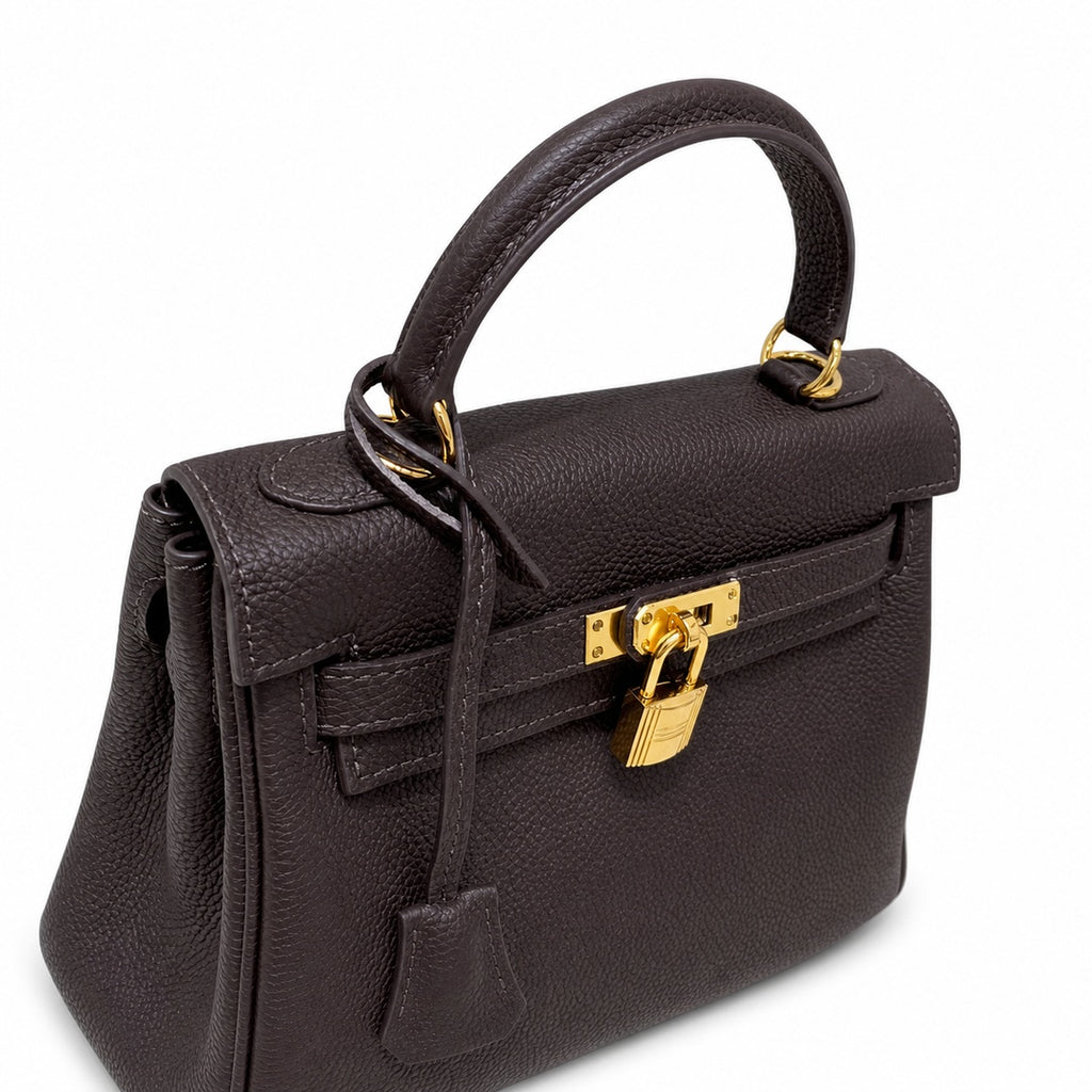 Kelly Sellier 20cm & 25cm & 28cm Marron Foncé Togo Leather Gold Hardware — Structured Top-Handle Handbag