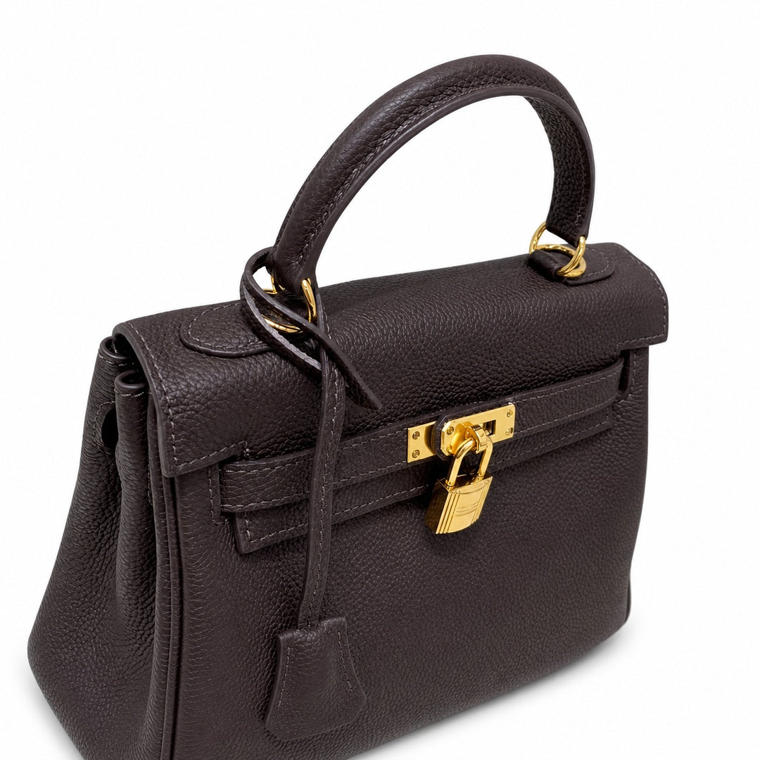 Kelly Sellier 20cm & 25cm & 28cm Marron Foncé Togo Leather Gold Hardware — Structured Top-Handle Handbag
