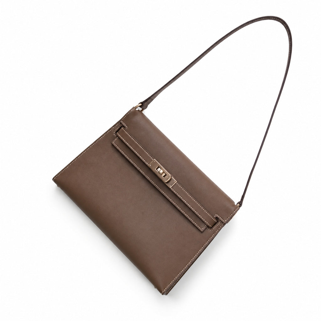 Kelly Elan 25x6.5x15cm Underarm Baguette Bag in Khaki with Silver Hardware — Elegant Shoulder-Carry Bag