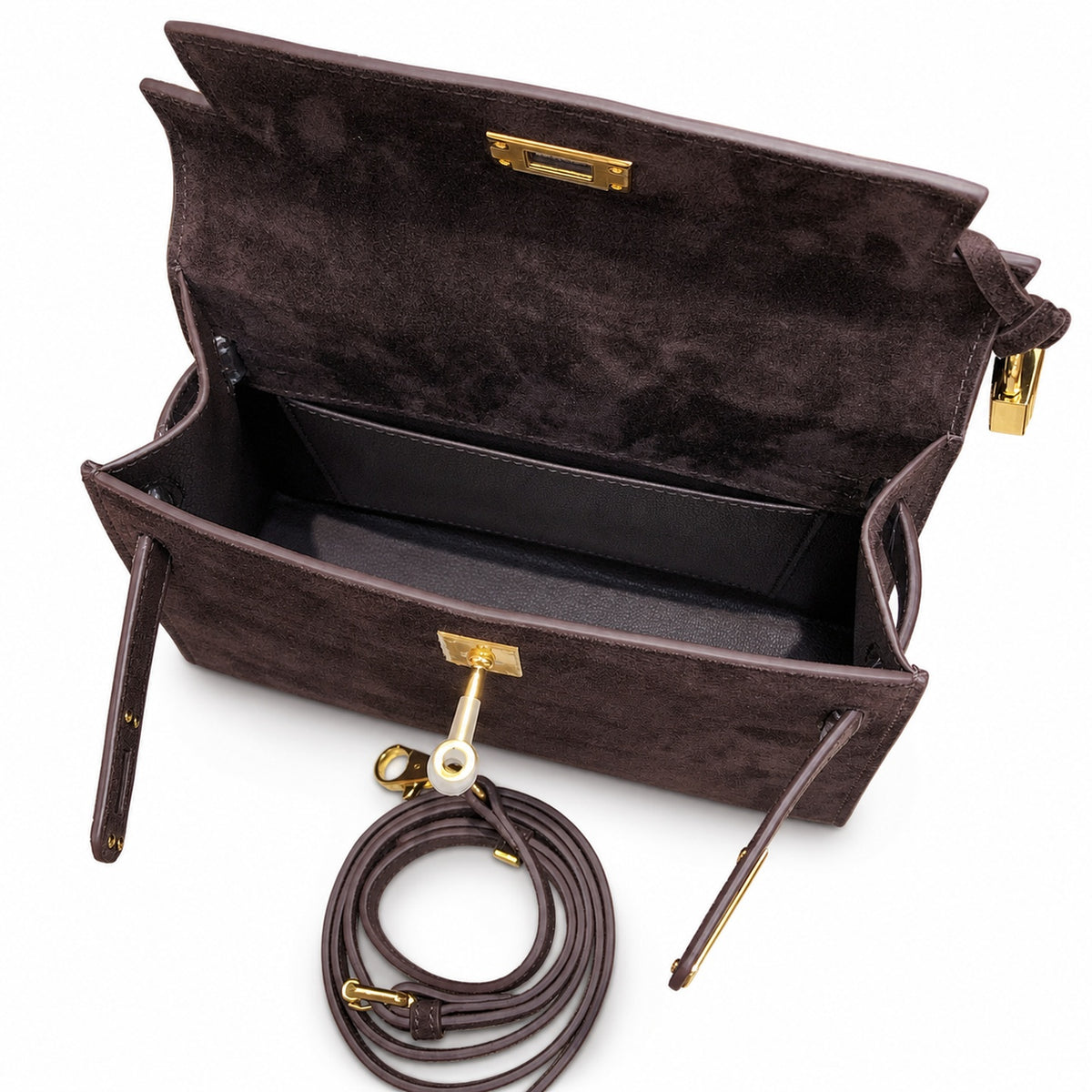 Mini Kelly Sellier 22cm Ebene Suede Leather Gold Hardware — Versatile Mini Carry Design