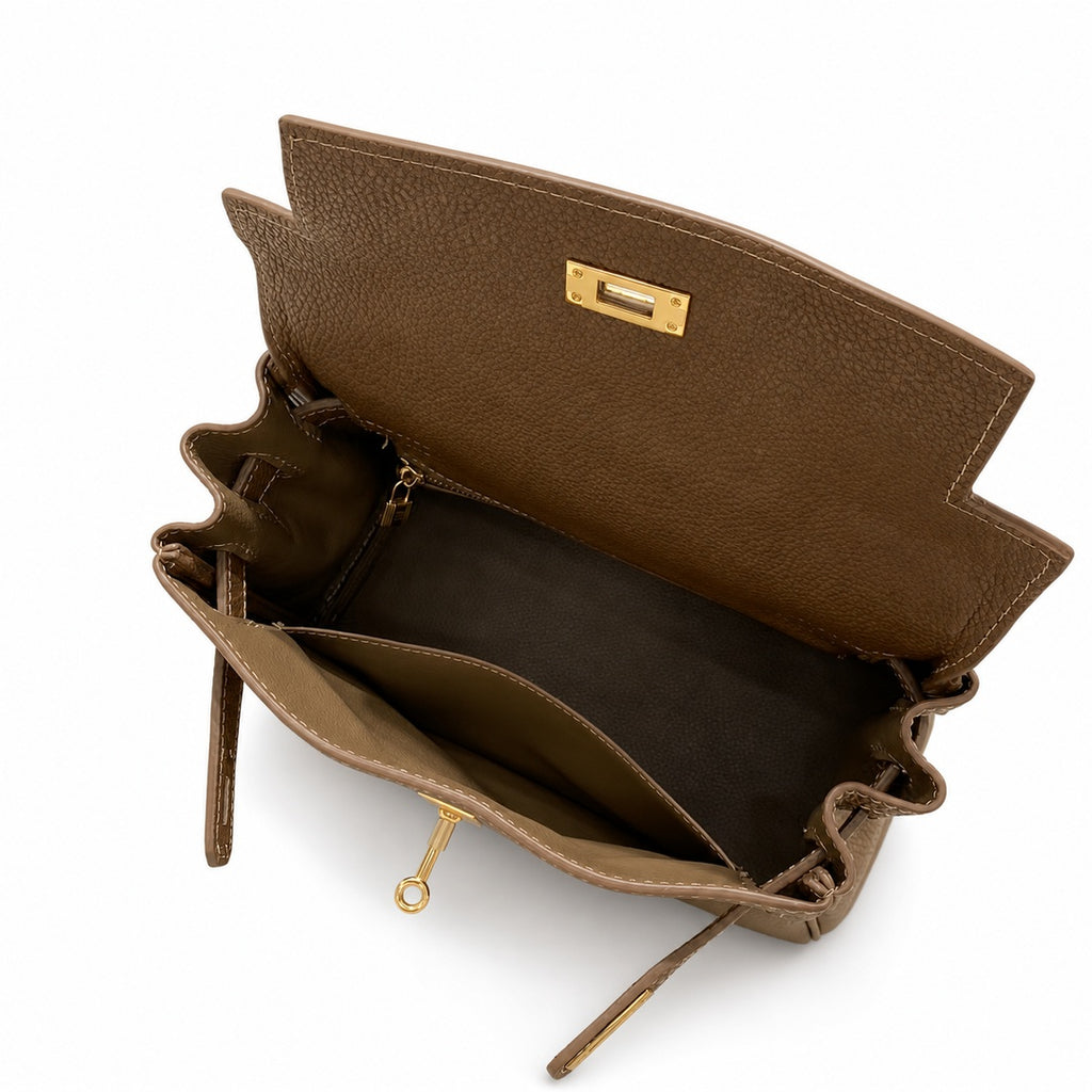 Kelly Sellier 20cm & 25cm & 28cm Chocolat Togo Leather Gold Hardware — Refined Top-Handle Bag