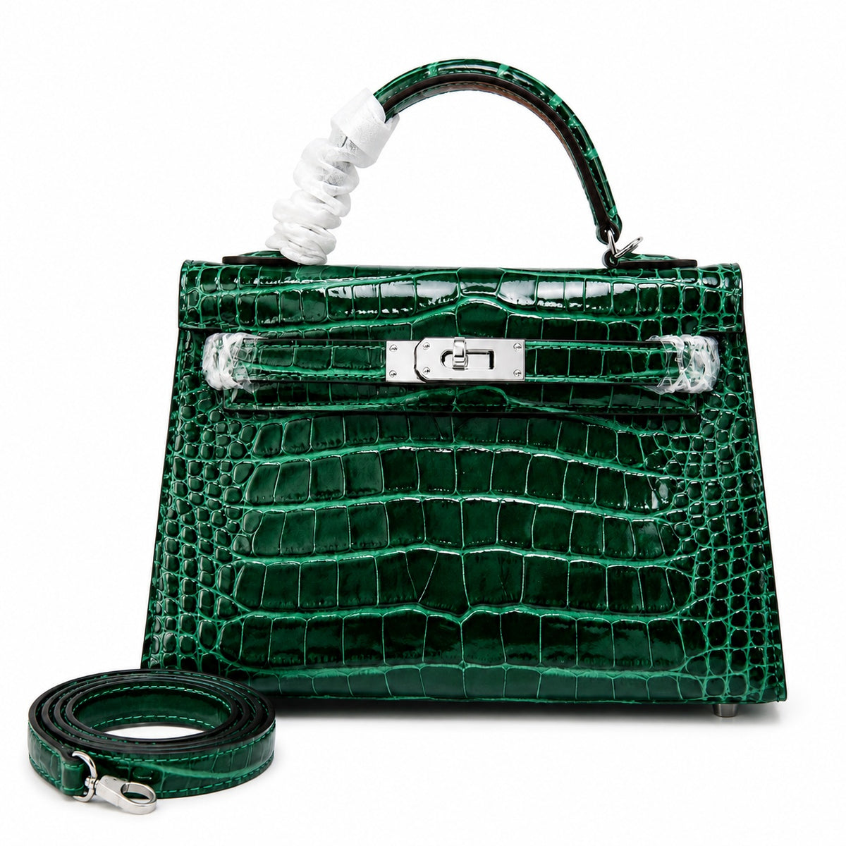 Kelly Sellier 19cm Vert Emeraude Shiny Crocodile Leather Gold Hardware & Palladium Hardware — Distinctive Hand-Carry Bag