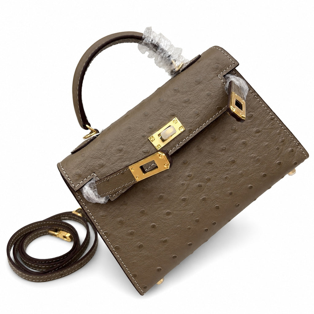 Mini Kelly II 19cm Sellier Etoupe Ostrich Gold Hardware Designer Mini Shoulder Purse — Small Structured Carry Style
