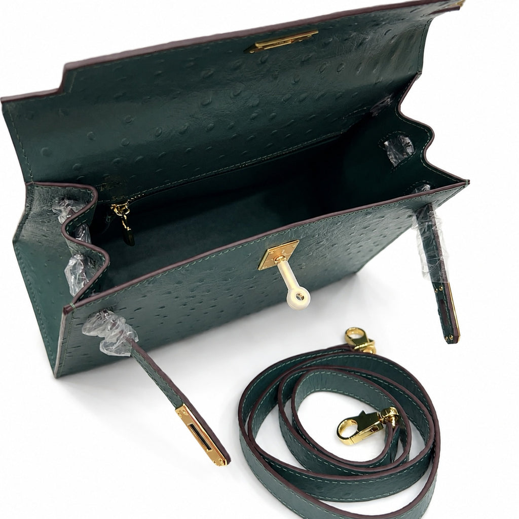 Kelly Sellier 25cm Vert Cypress Ostrich Gold Hardware Vintage — Timeless Top-Handle Design