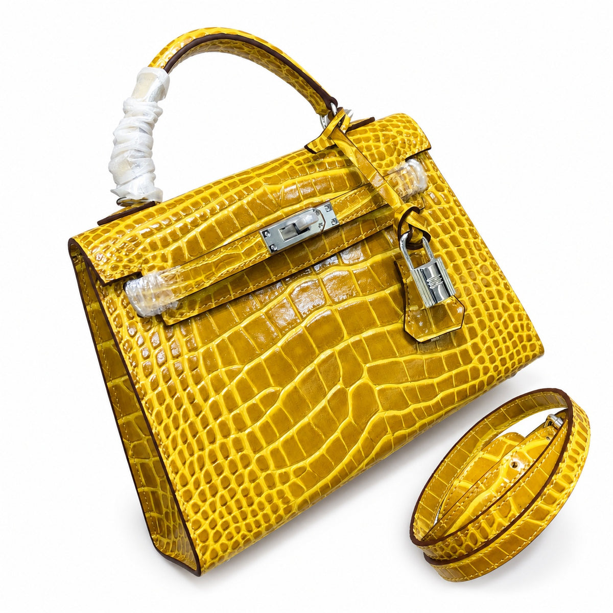Kelly Sellier 22cm Jaune Ambre Shiny Crocodile Leather Gold Hardware & Palladium Hardware — Elegant Structured Carry Style