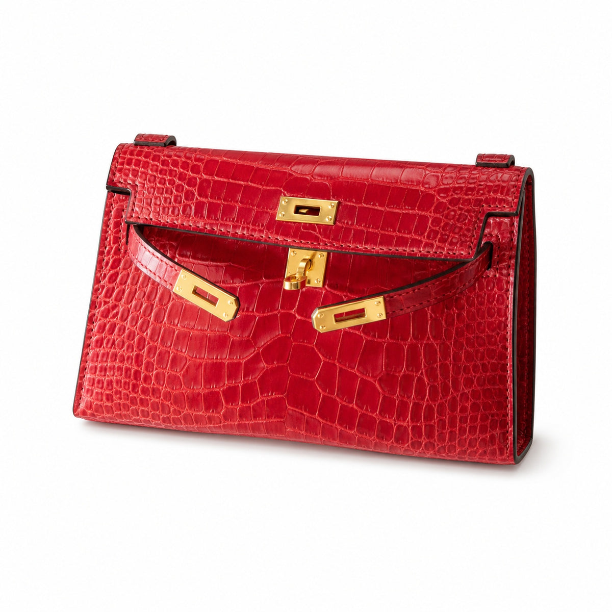 Kelly Pochette Rouge Casa Shiny Niloticus Crocodile Leather Gold Hardware Women Clutch Bag — Elegant Petite Clutch