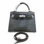 Kelly Sellier 22 Étoupe Shiny Alligator Silver Hardware — Streamlined Top-Handle Handbag