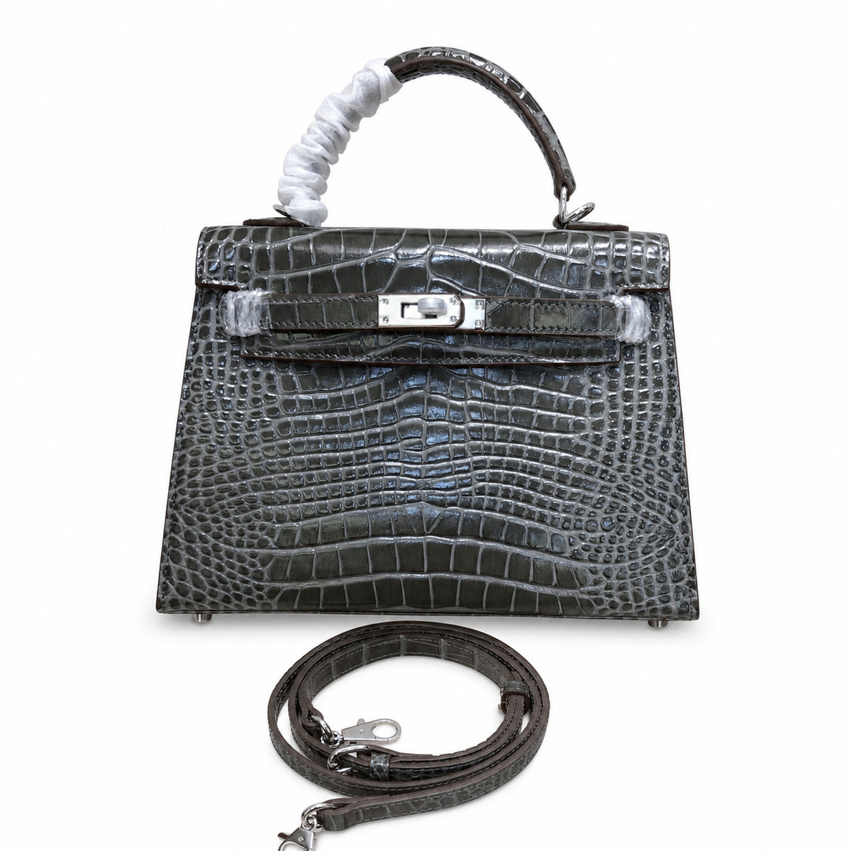 Kelly Sellier 22 Étoupe Shiny Alligator Silver Hardware — Streamlined Top-Handle Handbag