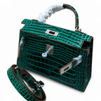 Kelly Sellier 19cm Vert Emeraude Shiny Crocodile Leather Gold Hardware & Palladium Hardware — Distinctive Hand-Carry Bag