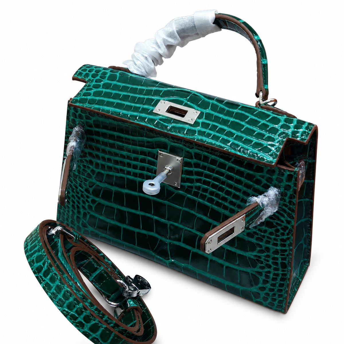 Kelly Sellier 19cm Vert Emeraude Shiny Crocodile Leather Gold Hardware & Palladium Hardware — Distinctive Hand-Carry Bag