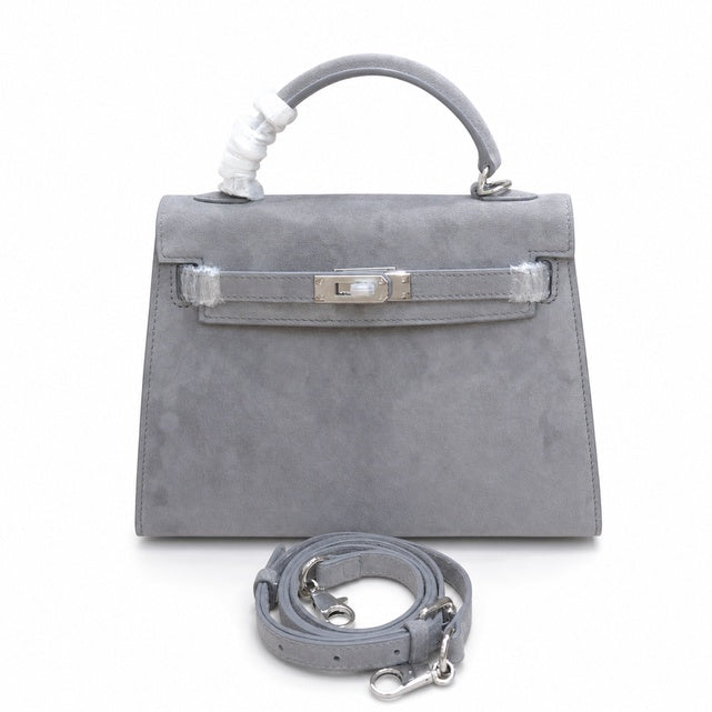 Kelly Sellier 22cm Gris Asphalte Suede Leather Palladium Hardware — Sophisticated Carry Design