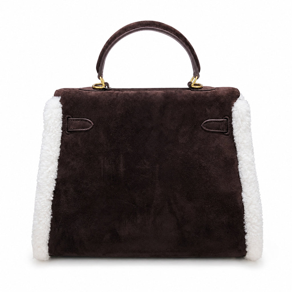 Kelly Sellier 28cm Ebene Suede Leather Gold Hardware Commute Shoulder — Polished Structured Handbag