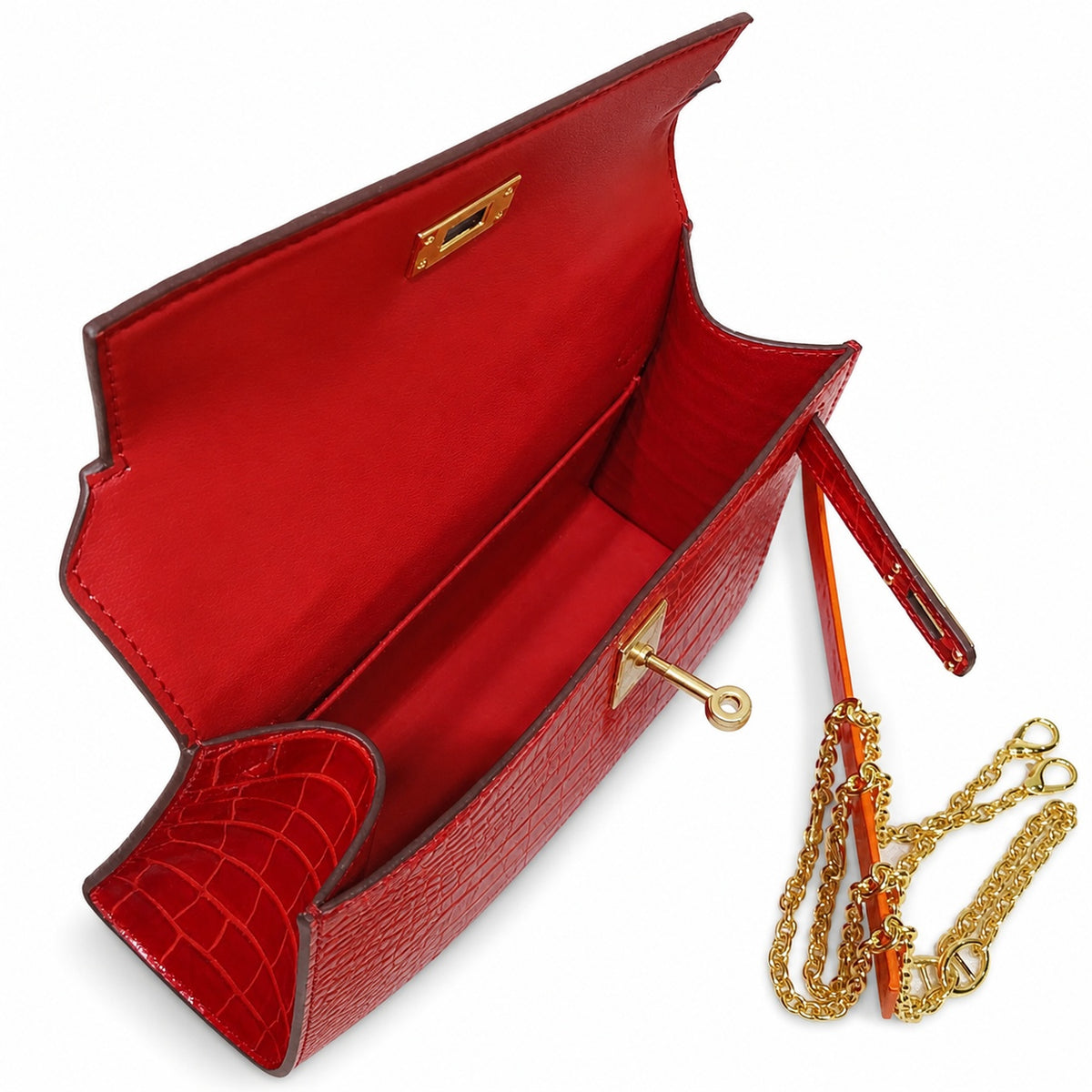 Kelly Pochette Rouge Casa Shiny Niloticus Crocodile Leather Gold Hardware Women Clutch Bag — Elegant Petite Clutch