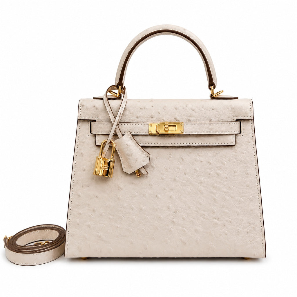 Kelly Sellier 25cm Craie Ostrich Gold Hardware Premium Women Shoulder Purse — Streamlined Top-Handle Handbag