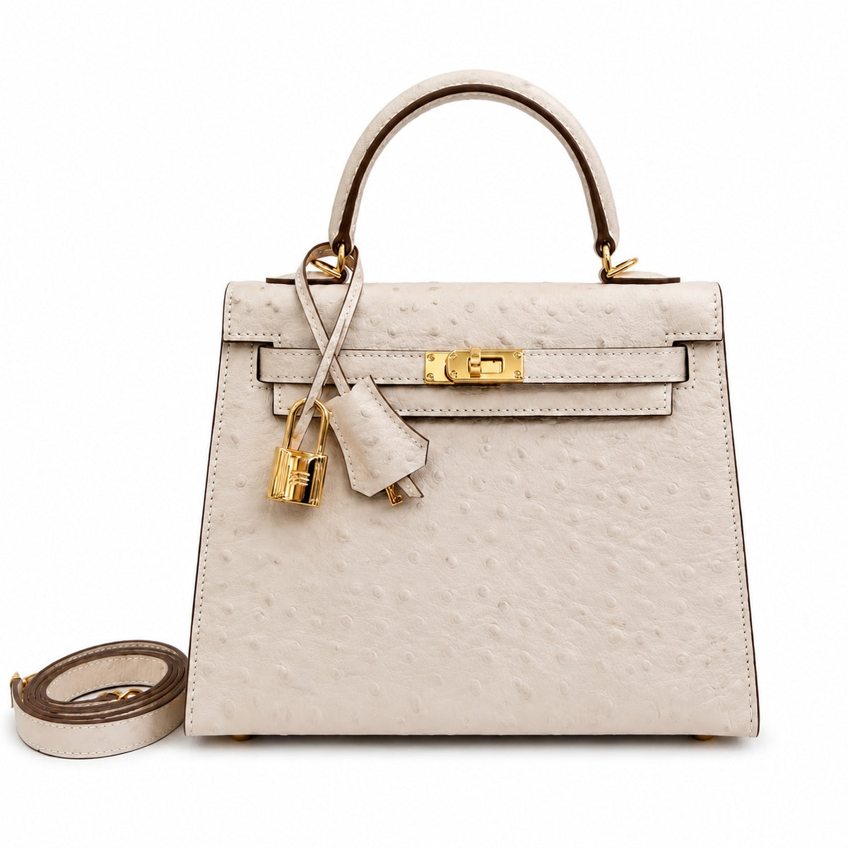 Kelly Sellier 25cm Craie Ostrich Gold Hardware Premium Women Shoulder Purse — Streamlined Top-Handle Handbag