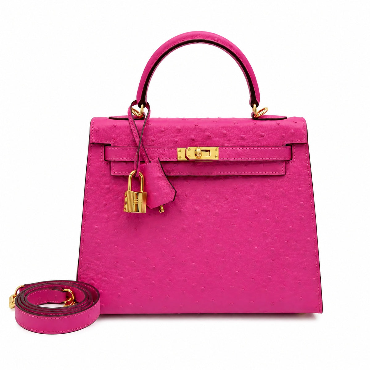 Kelly Sellier 25cm Rose Tyrien Ostrich Gold Hardware Designer Crossbody Tote — Elegant Structured Carry Style