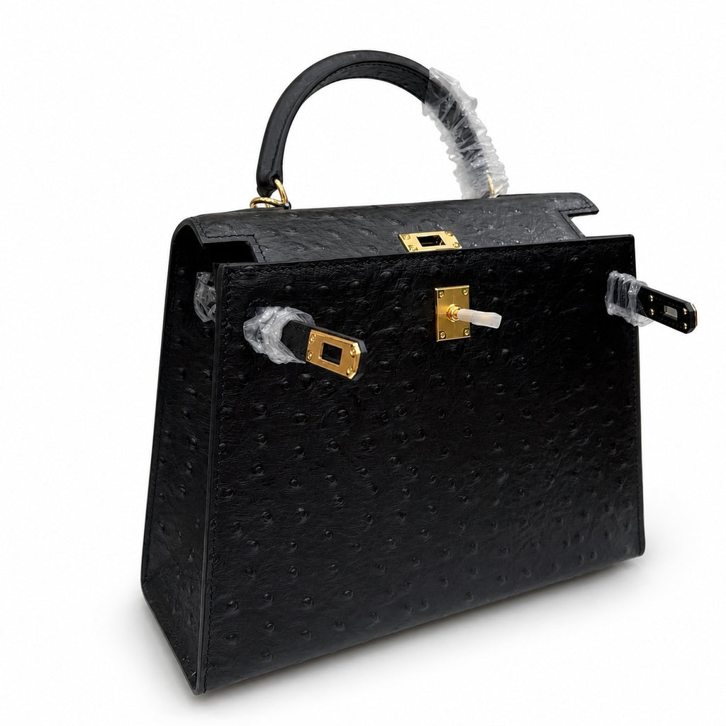 Kelly Sellier 25cm Noir Black Ostrich Gold Hardware Designer Shoulder Tote — Versatile Structured Bag